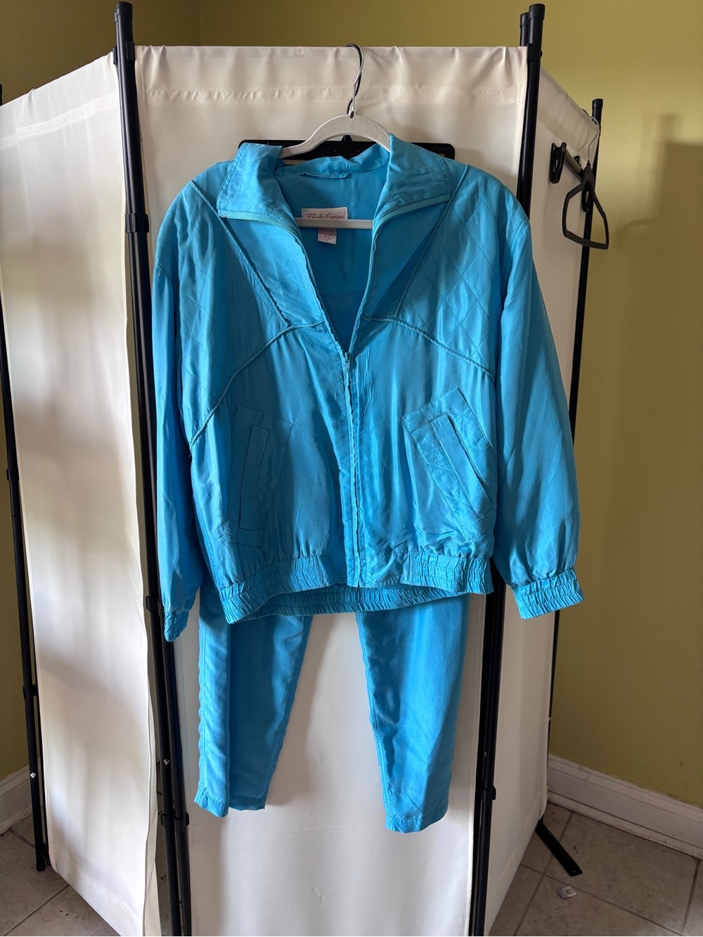 Vintage 80s/90s Rhoda Lynne Bright Turquoise Silk Track Suit- Size S